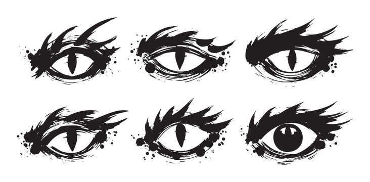 Stylized eyes in a grunge brushstroke style feature sharp, intense pupils and spiky lashes, creating a fierce and mystical graphic illustration.