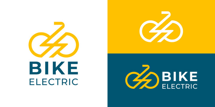 Creative simple electric bike logo template. Abstract bicycle with lightning bolt symbol for E bicycle logo design vector illustration.