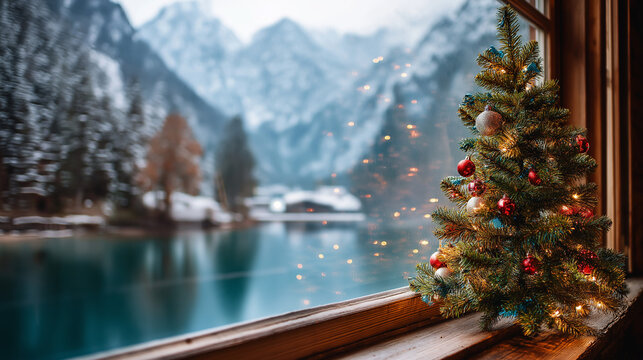 Fototapeta Cozy Christmas cabin, interior decorated tree, view snowy mountain, lake digital background, seasonal virtual setting, holiday video backdrop, winter celebration scene, defocused l