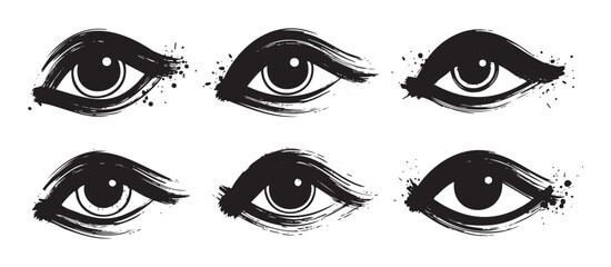 Six stylized brushstroke eyes with artistic grunge texture creating an expressive and mysterious graphic illustration in black and white.