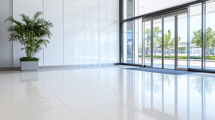 Modern lobby featuring polished floors, large glass doors, and decorative indoor plant. bright space exudes welcoming atmosphere