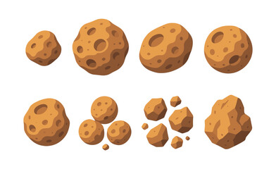 Asteroid and meteor shapes, flat vector illustration with space rocks