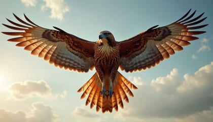 Fototapeta premium Red tailed hawk flies with open wings against cloudy sky, sun shines bright, bird of prey soars high, hunting, wild nature, freedom, majestic bird.
