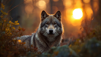 A lone wolf standing in a tranquil forest illuminated by warm sunrise or sunset light