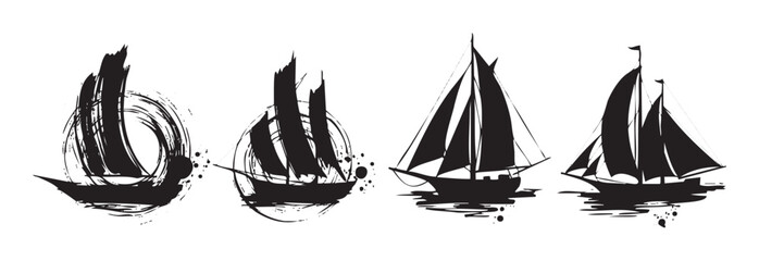 Four distinct artistic black silhouettes of sailboats are depicted in various brushstroke and ink styles, evoking a sense of maritime adventure and freedom.