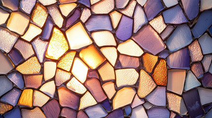 Mosaic pattern with colorful glass pieces creating vibrant and artistic design, showcasing light reflections and textures