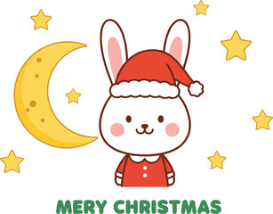 Fototapeta premium Cute Cartoon Rabbit in Santa Hat with Moon and Stars Merry Christmas Vector