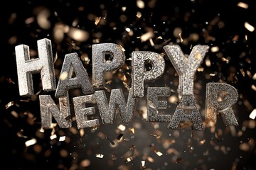 A metallic "Happy New Year" confetti numbers falling through air 