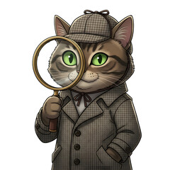 Detective Cat with Magnifying Glass in Sherlock Holmes Style Illustration