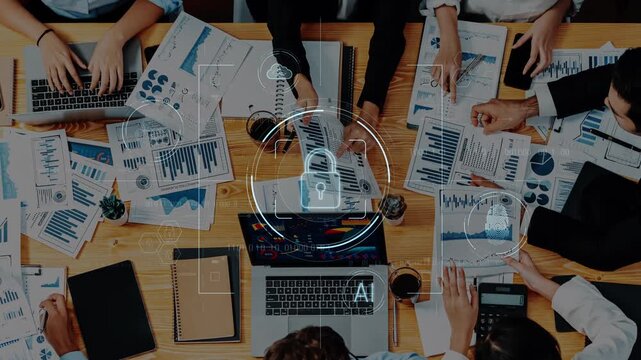 A dynamic business meeting showcasing collaborative data analysis, featuring charts and technology, highlighting the role of security and artificial intelligence in strategy development. Raster