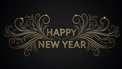 Elegant golden art deco lettering displaying happy new year on a dark background