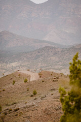 Vertical image of a mountain landscape with with sandy bare hills surrounded by desert greenery outdoor aon a foggy day in the Australian outback in Flinders Ranges in Australia with space for text.