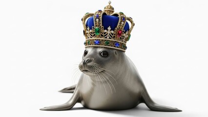 seal wearing a gold ornate crown, queen or king crown, on a white background, animal photo