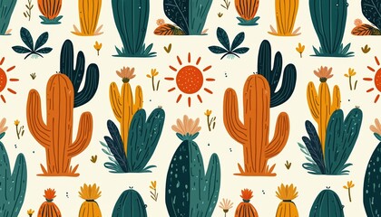 Playful cartoon cactus pattern. Various stylized cacti and desert plants with sun motifs. Bright, cheerful, and whimsical desert garden seamless repeat design for kids.