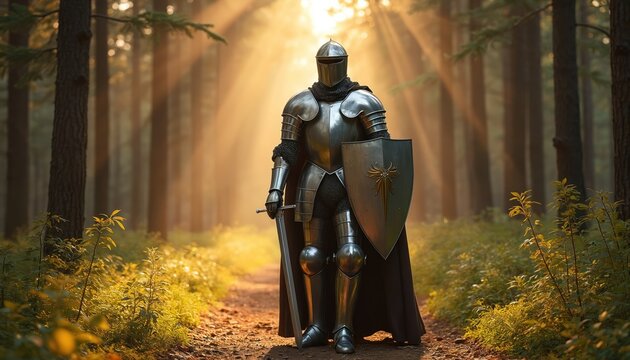 Knight in full armor stands in forest path. Sunbeams pierce through trees illuminating sword, shield. Prepared for battle against evil forces, embodying spiritual strength, divine protection.