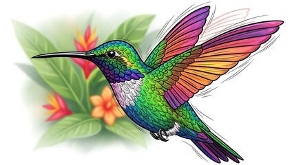 Naklejka premium stunning, intricate, vibrant hummingbird, photorealistic, detailed feathers, vibrant colors, flowing motion, nature, tropical flowers, hyperrealistic, ethereal, 4k 