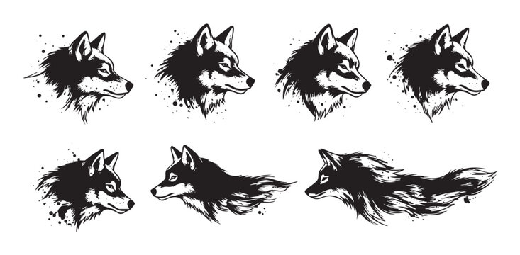 Multiple stylized black and white wolf head illustrations are depicted with a fierce and wild artistic design, suitable for various graphic projects.