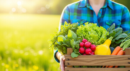 Farmer holding wooden crate full of fresh organic vegetables in garden at sunset, healthy eating