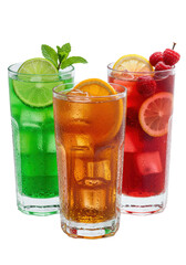 Three hyper-photorealistic summer mocktails (green limeade, amber tea, ruby lemonade) in tall, condensed highball glasses, isolated on a glossy white studio background with dramatic rim lighting.