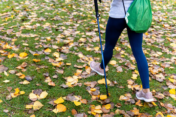 Woman nordic walking in autumn park doing fitness exercise