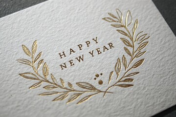 A minimalist "Happy New Year" design with thin gold foil line art 