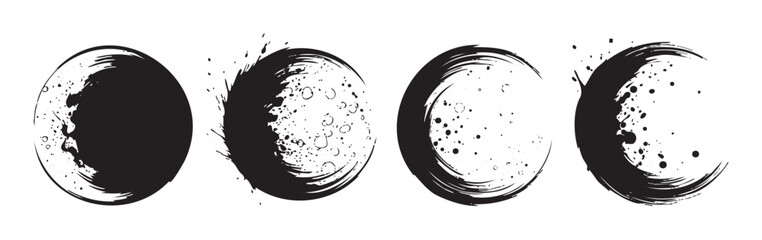 Moon phases artistic grunge brushstroke illustration depicting the celestial cycle from full moon to crescent in a dynamic, textured style.