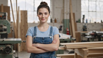 Portrait of a confident female carpenter smiling in her workshop. Professional young woodworker with arms crossed. Small business and skilled trades concept