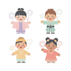 Set of funny cartoon vector illustration of casual people including children, family, man, woman, boy, and girls with smiling faces