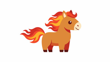 Cartoon Horse with Fiery Mane and Tail on White Background.