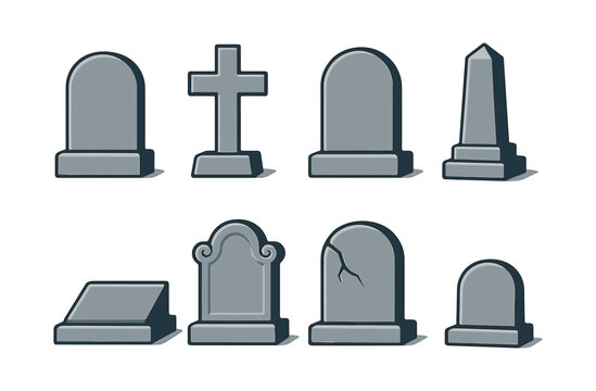 Gravestone collection, tombs, memorials, flat vector illustration