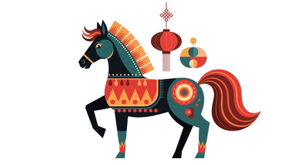 Festive Horse Illustration with Lanterns and Decorative Elements.