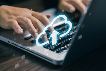 Modern cloud computing concept showing a user uploading data on a laptop with a glowing cloud icon. Ideal for illustrating digital storage, data transfer, online backup.