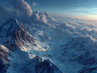 a breathtaking mountain landscape during sunset or sunrise. The peaks are covered in snow, and the sky is filled with dramatic clouds, creating a serene and majestic atmosphere.