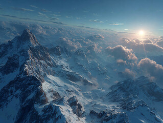 a breathtaking mountain landscape during sunset or sunrise. The peaks are covered in snow, and the sky is filled with dramatic clouds, creating a serene and majestic atmosphere.