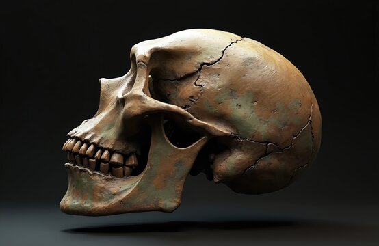 Fossilized human skull, Homo erectus, with cracked, weathered surface, ancient human remains, archaeological find, studio setting, dark background, isolated object, anthropology, paleontology,