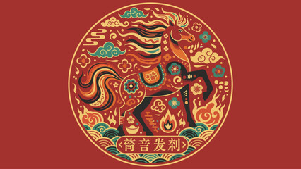 Ornate Horse Illustration for Chinese New Year Celebration.