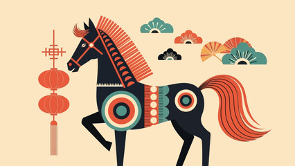 Stylized Horse Illustration with Traditional Asian Elements and Festive Decorations.