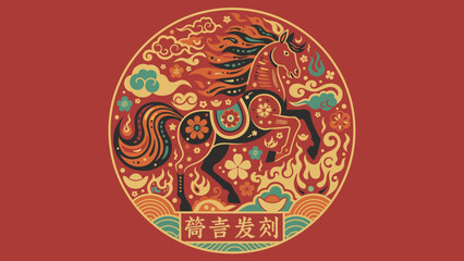 Ornate Horse Illustration for Chinese New Year Celebration.