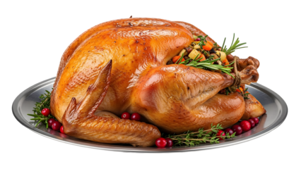 Roasted turkey with garnish on plate isolated on transparent background