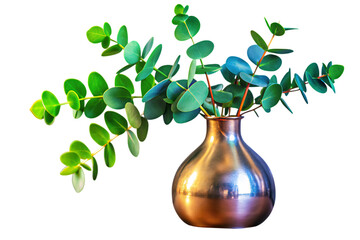 Fresh eucalyptus branches with round leaves displayed in a decorative copper vase against a dark background
