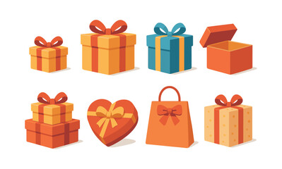 Gift boxes and bags, presents, ribbons, bows, flat vector illustration