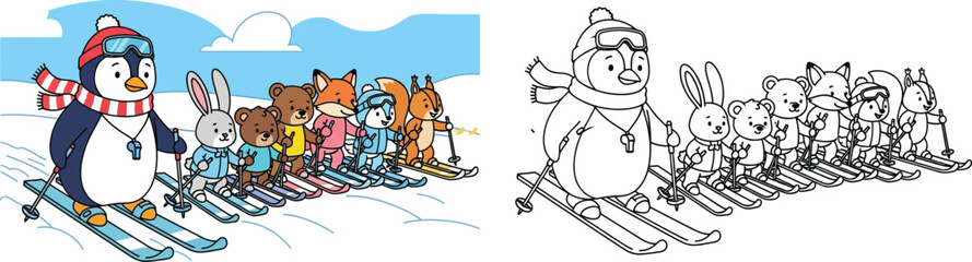 Cartoon Penguin Ski Instructor with Forest Animals Winter Sports Lesson