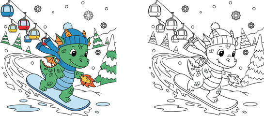 Cute Cartoon Dragon Snowboarding with Fire Breath Fantasy Winter Sports Scene