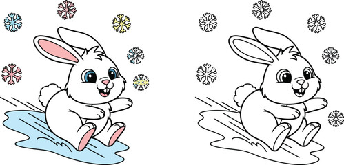 Cute Cartoon White Rabbit Sliding in Snow with Colorful Snowflakes