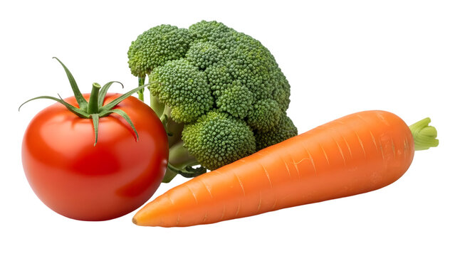 Fresh tomato broccoli carrot vegetables isolated on transparent background