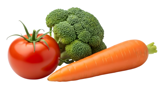Fresh tomato broccoli carrot vegetables isolated on transparent background - Powered by Adobe