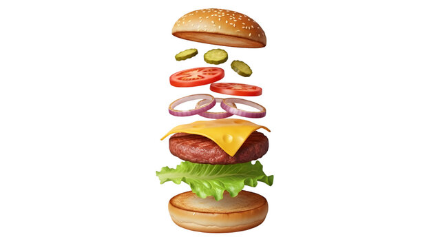 Exploded burger view showing layers isolated on transparent background