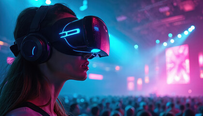 Woman wears VR headset and headphones at concert. Immersive virtual reality experience with glowing lights. Crowd watches digital performance on screen. Future tech entertainment.