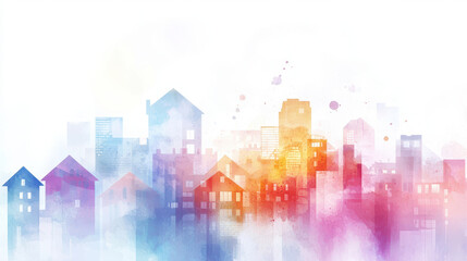 Obraz premium Colorful watercolor cityscape with abstract houses in shades of blue, pink, and orange, creating vibrant and dreamy atmosphere