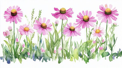 Beautiful watercolor illustration of pink flowers in lush green field, capturing essence of nature beauty and tranquility